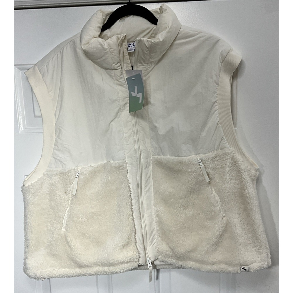 JoyLab Vest White/Ivory Boxy Fit Sherpa Fleece Puffer Full Zip Pockets Women XXL